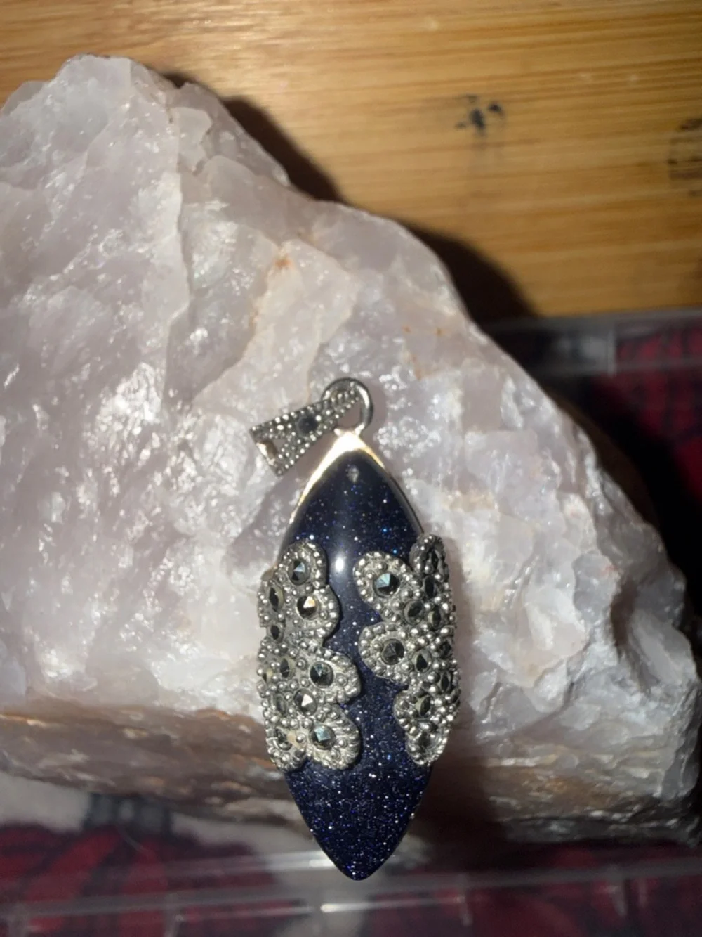 Vintage Sterling Silver Marcasite Blue Goldstone Pendant